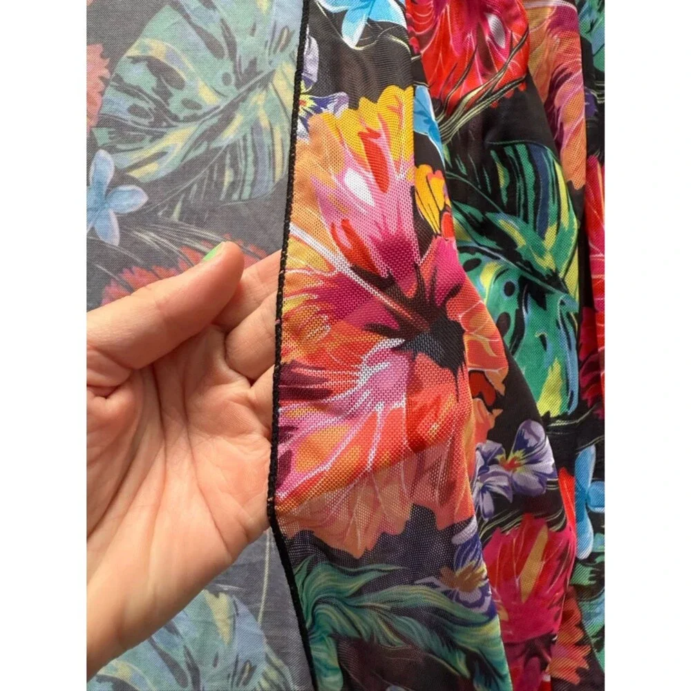 Tropical Floral Sheer Swim Coverup - Black with Multicolor Hibiscus